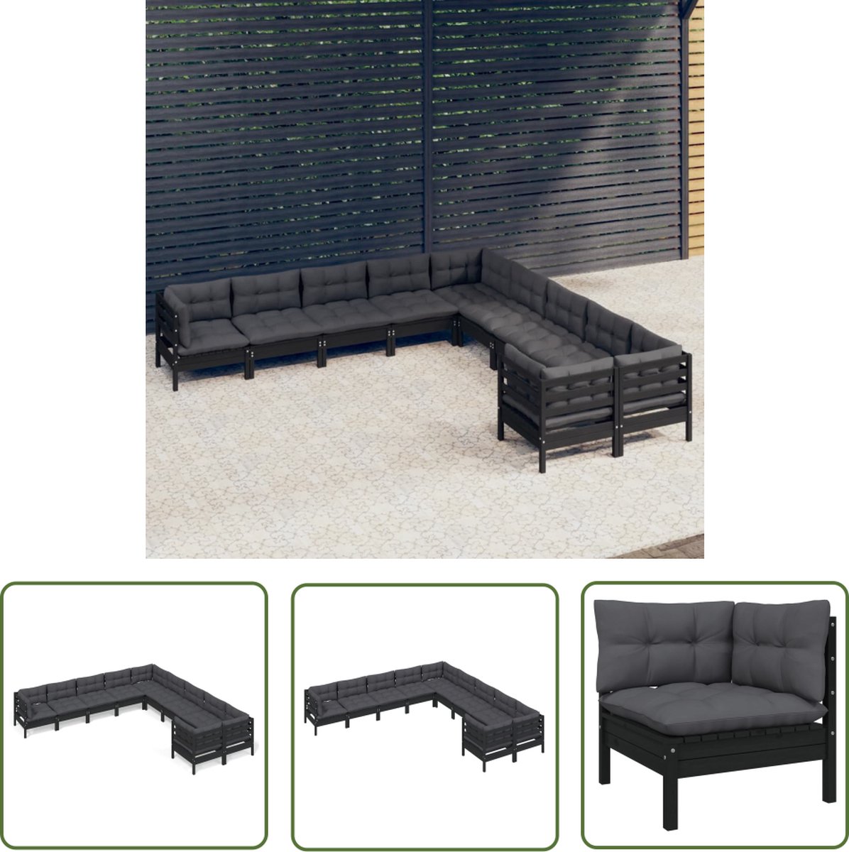 The Living Store 10-delige Loungeset met kussens grenenhout zwart - Loungeset - Tuinset - Lounge Bank - Buitendecor - Teak