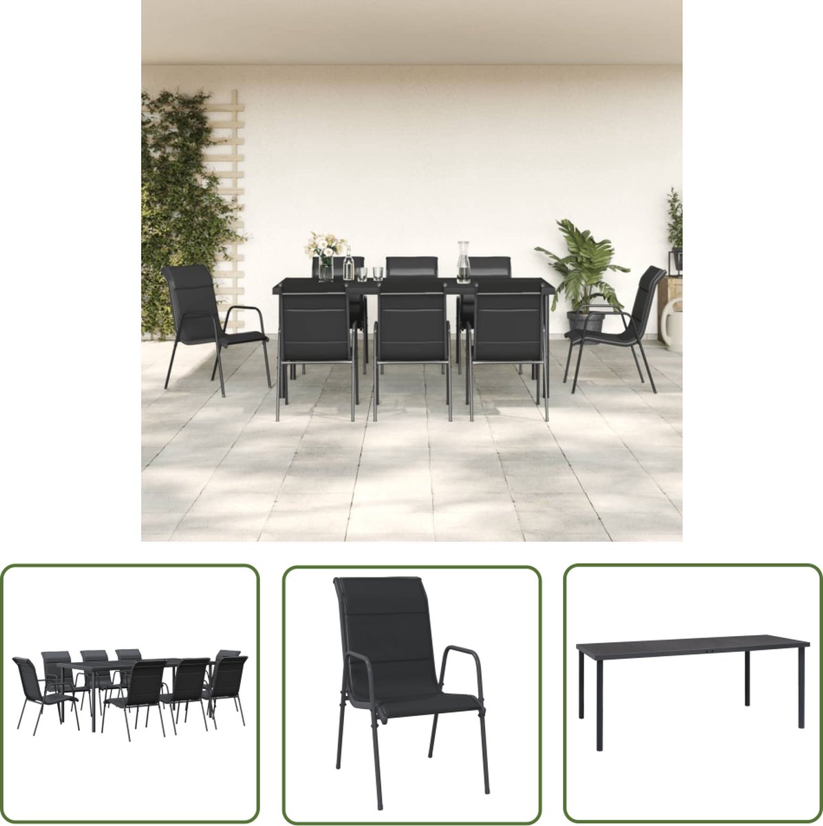 The Living Store 9-delige Tuinset textileen en staal zwart - Tuin Set - Eetkamerset Buiten - Buitentafel - Buitensteunen - Lounge Set