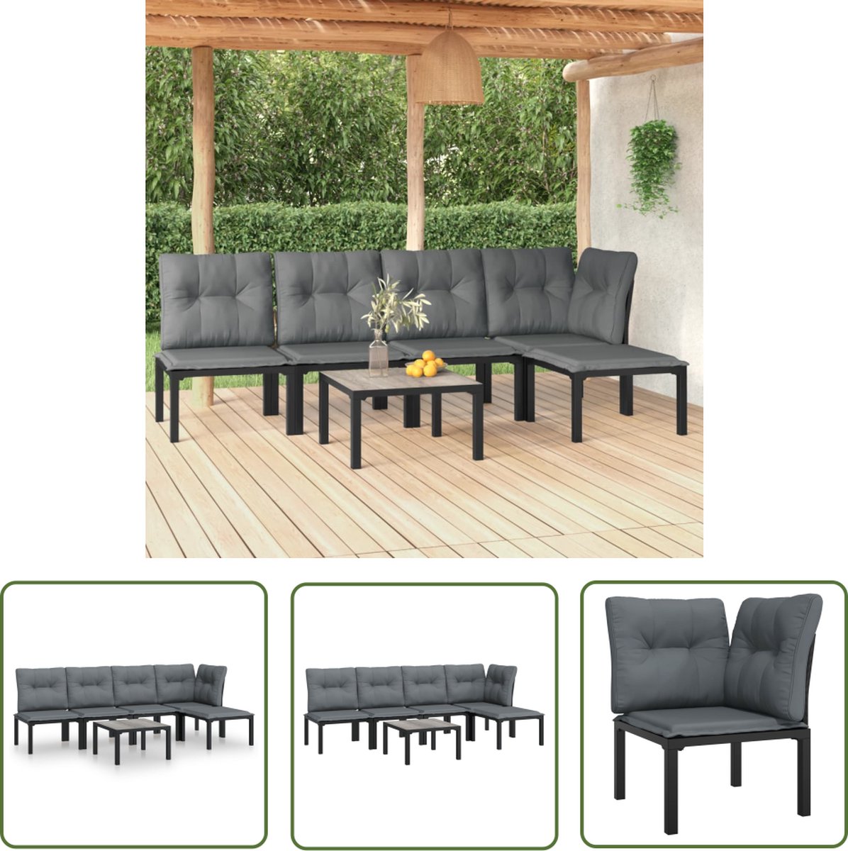 The Living Store 6-delige Loungeset poly rattan zwart en grijs - Loungeset - Tuinset - Loungehoek - Buitendecoratie - Relaxset