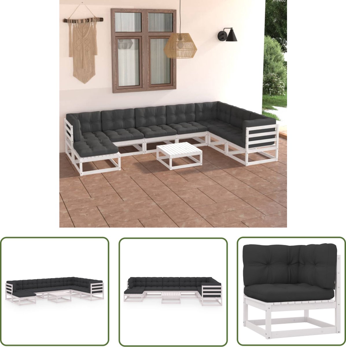 The Living Store 9-delige Loungeset met kussens massief grenenhout - Tuinstoel - Lounge Set - Buis Meubel - Teak - Hout Tuinmeubels