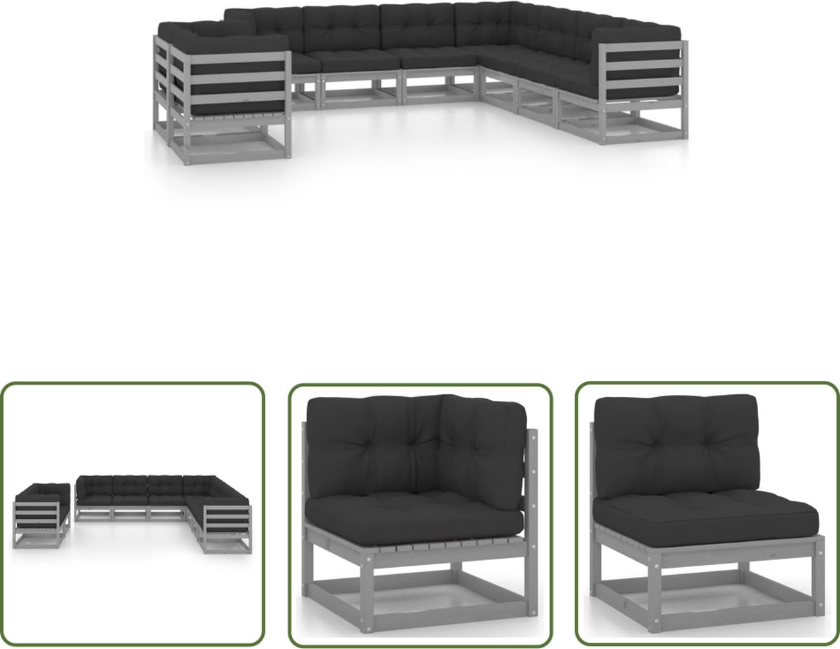 Grijze massief grenenhouten loungeset met kussens - Tuinmeubels - The Living Store.