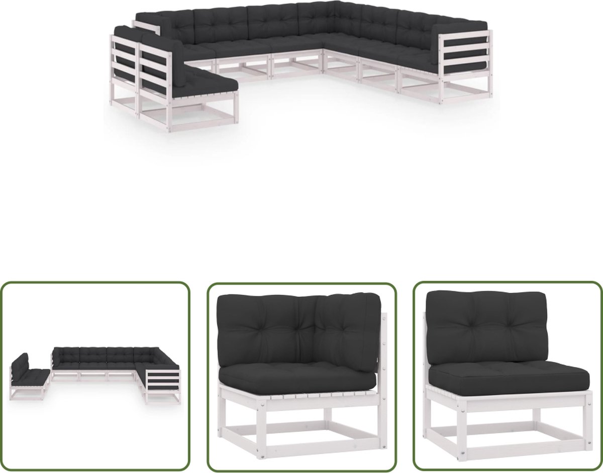 The Living Store 9-delige Loungeset met kussens massief grenenhout wit - Tuinmeubels - Lounge Set - Grenenhout - Houten Tuinstoel - Terrasmeubelen