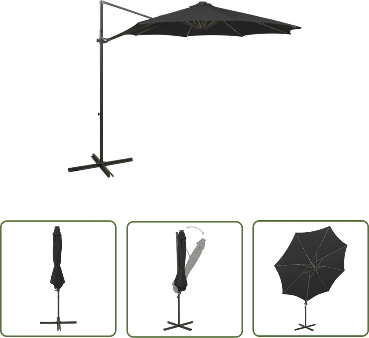 Stylish black 300 cm LED parasol with pole, perfect for outdoor spaces, from The Living Store.