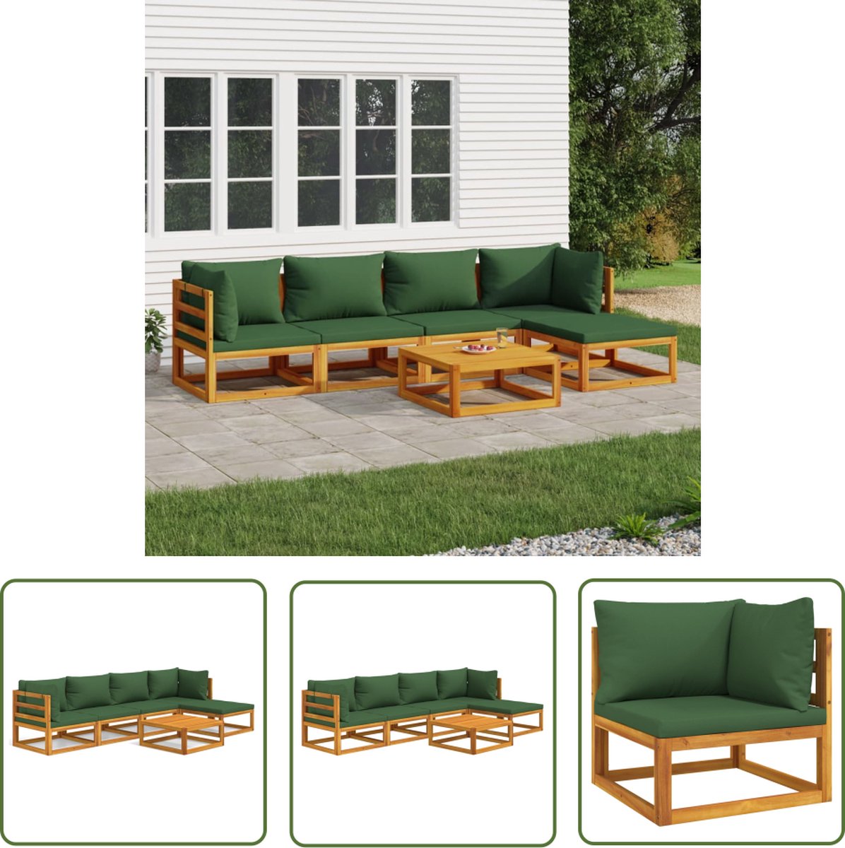 The Living Store 6-delige Loungeset met groene kussens massief hout - Tuinsets - Lounge Sets - Acacia Hout - Outdoor Furniture - Buitendecoratie