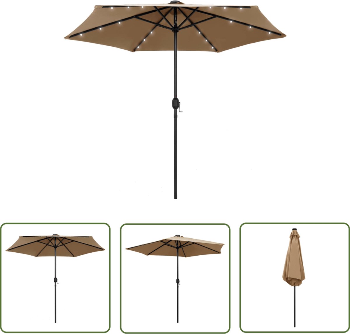 Outdoor taupe parasol with LED lighting, aluminum pole, and a diameter of 270 cm by The Living Store.