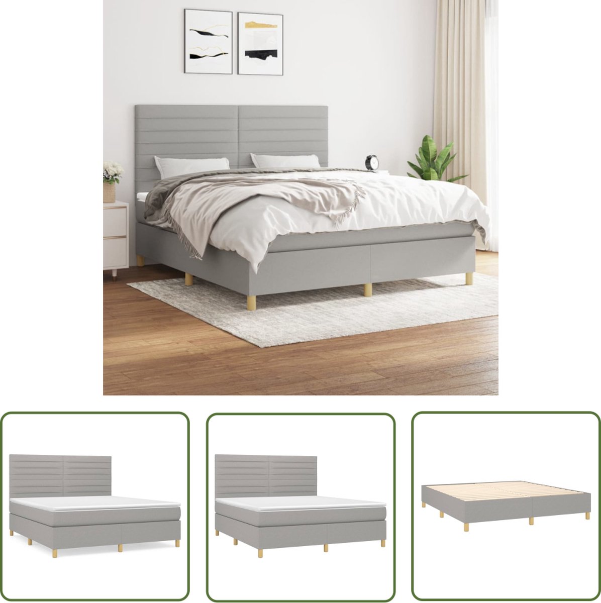 vidaXL Boxspring - Boxspringbed - Boxspring met matras stof lichtgrijs 160x200 cm - Tweepersoonsbed - Bed Frame - Grijs Bed