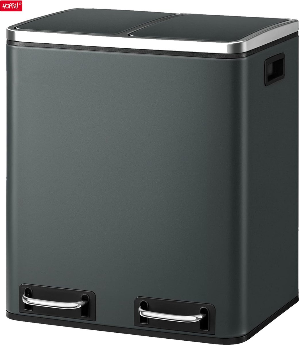 Hoppa! Afvalemmer voor de keuken, 30L, afvalscheiding, afvalemmer van metaal, pedaalemmer met binnenemmers en handgrepen, afvalscheidingssysteem, 2 x 15 liter, softclose, luchtdicht, rookgrijs