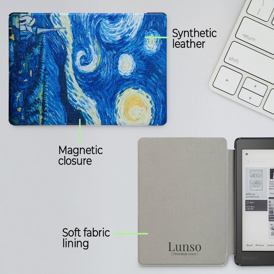 Lunso Geschikt voor Kobo Aura H20 Edition 2 hoes (6.8 inch) - sleepcover - Van Gogh Sterrennacht - (niet voor de Kobo Aura edition 2) — afbeelding 3