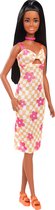 Bol.com Barbie Fashionista Pop with Black Hair Wearing Checkered Orange and Pink Flower Midi Dress with Necklace and Sandals. aanbieding