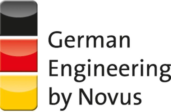 Drie verticale gekleurde blokken: zwart, rood, geel, met de tekst 'German Engineering by Novus'.