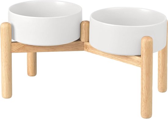SPUNKYJUNKY Keramische Verhoogde Hondenbak Met Bamboe Standaard - 1800ml Water- En Voerbak Voor Middelgrote & Grote Honden (Beige)