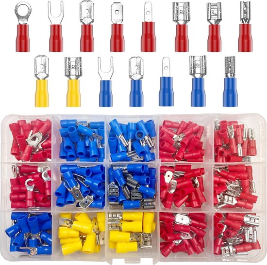350 stuks kabelschoenen, 19 types, platte stekkers, geïsoleerde set, knijpverbinders, assortiment, platte steekhulzen, krimpverbinders, auto-elektrische connectoren