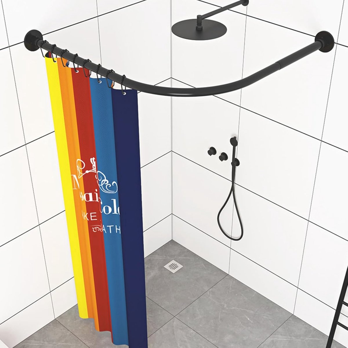 Hoekdouchestang Zonder Boren, Verstelbare Douchegordijnstang in Zwart, L-vorm, 304 Roestvrij Staal, 70-95 cm x 105-165 cm