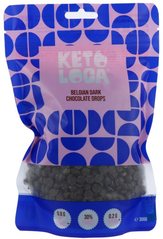 Een lichtroze pak met een blauw patroon. De tekst 'KETO & LOGA BELGIAN DARK CHOCOLATE DROPS' is zichtbaar. Chocoladedruppels zijn zichtbaar onderaan.