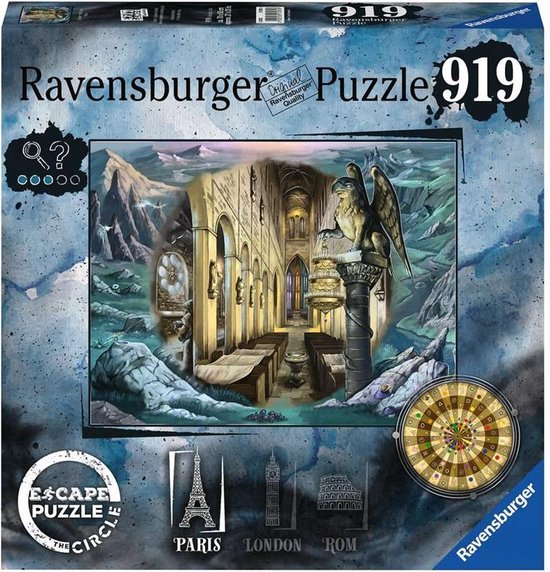 Puzzle Ravensburger Escape the Circle 919, 920 pièces. Image atmosphérique d'une cathédrale avec une gargouille et des montagnes.