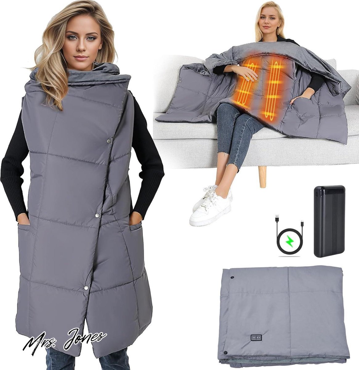 Mrs. Jones Warmtedeken elektrisch draadloos 16000 mAh 75 V 3 temperatuurniveaus wasbaar oververhittingsbeveiliging - ideaal voor bank en kantoor - verwarmde deken .