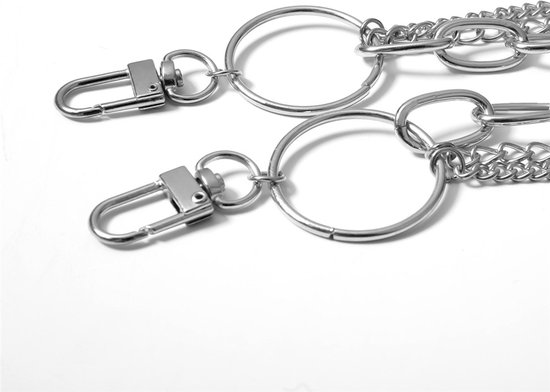 Zilverkleurige karabijnsluitingen met ringen en dikke schakelkettingen, close-up.