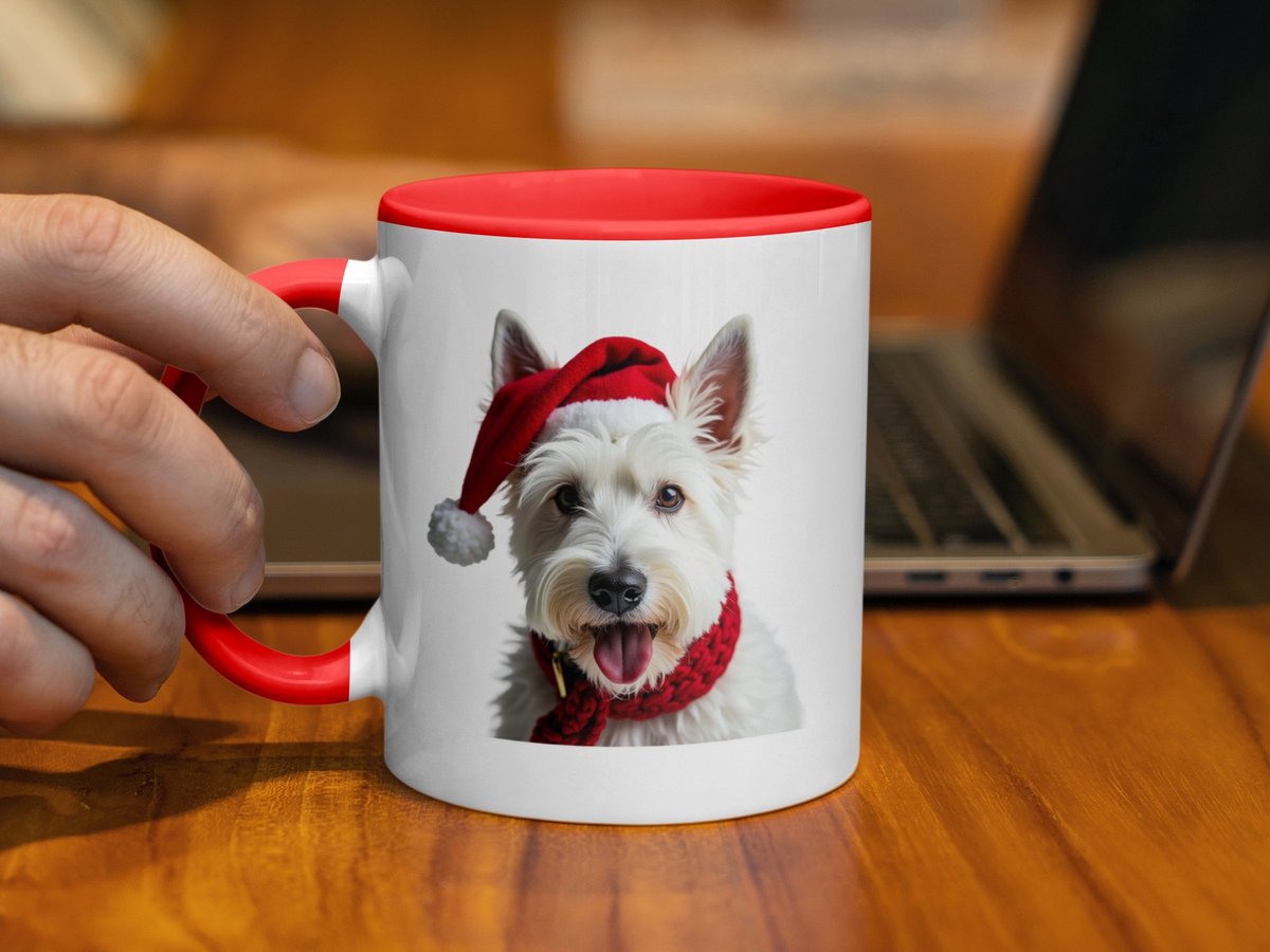 West Highland White Terrier Schattige hond op mok, Merry Christmas mok met rode binnenkant, gepersonaliseerde kerst mok, cadeau voor hondenliefhebbers