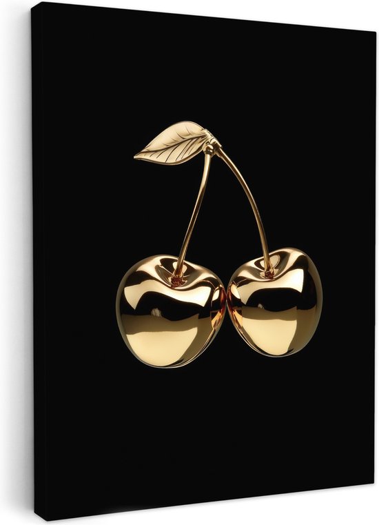 Canvas schilderij 30x40 cm - Exclusieve wanddecoratie Kersen - Zwart - Goud - Chrome - Muurdecoratie accessoires - Keuken decoratie muur - Schilderijen op canvas