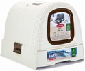 Crème kattentoilet met een geweven patroon, een uittrekbare lade en een ovaal raam met productinformatie.