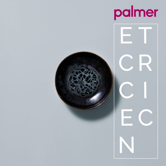 Een donkerblauwe, glanzende kom met een uniek patroon in het midden, van het merk Palmer.