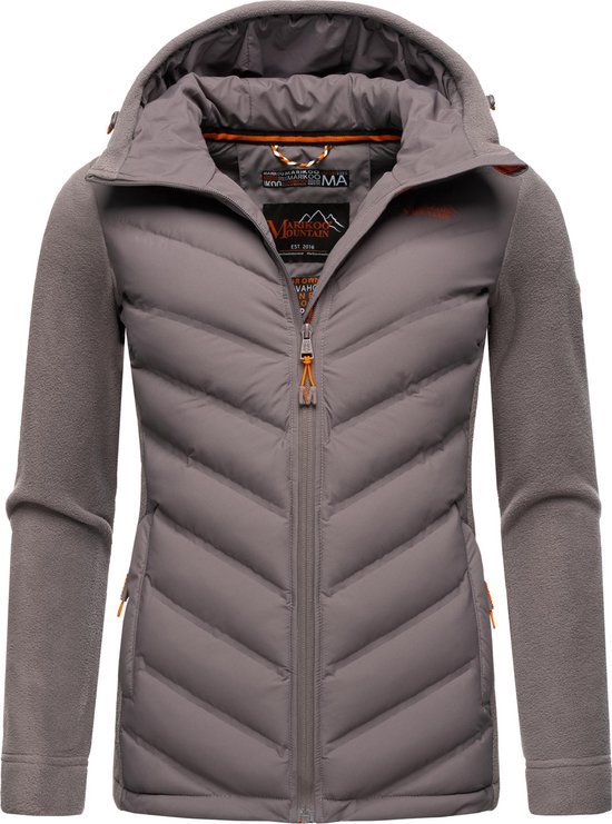 Veste grise à capuche, avant matelassé et manches et côtés en polaire. Fermetures éclair et logo orange. Intérieur avec étiquette.
