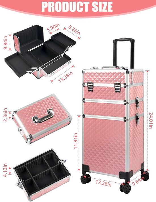 Mecucasi Make-up Trolley Mit Rollen – Aluminium-Kosmetikkoffer, 4 Schubladen, Groß, Schwarz, Für Salon & Reisen