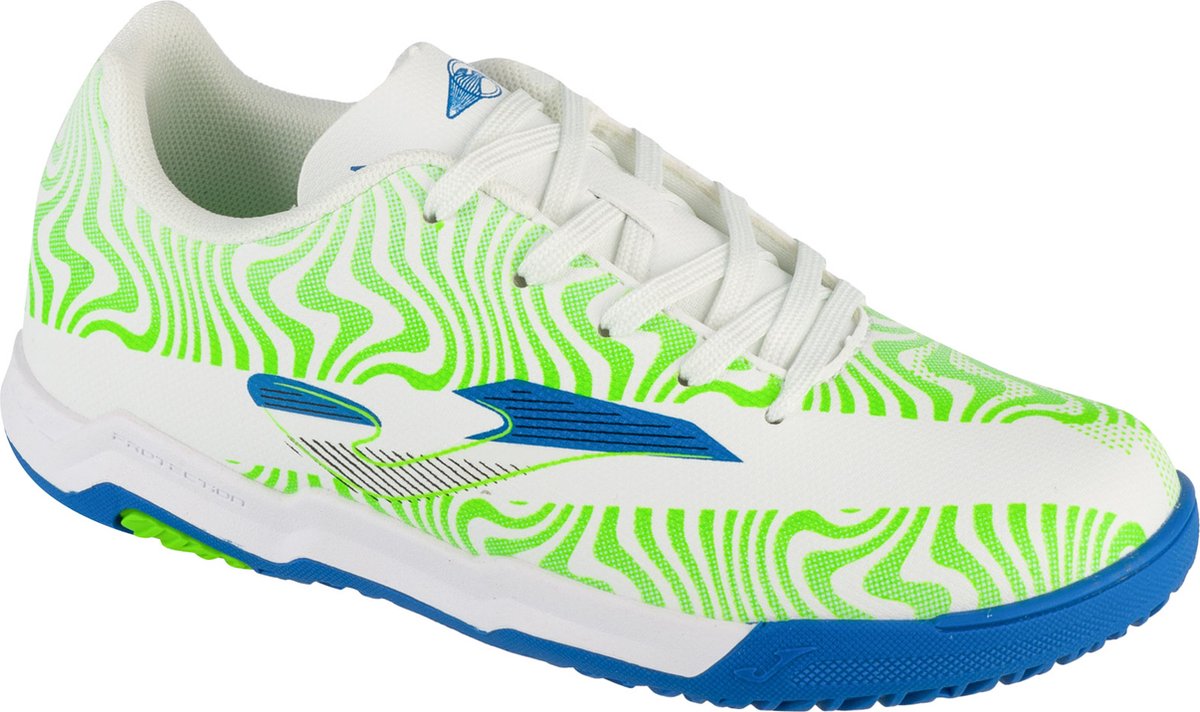 Joma Evolution Jr 2502 IN, witte indoorschoenen voor jongens, maat 35, met groene en blauwe details.