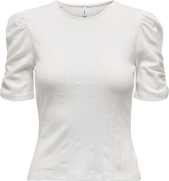 Witte ribgebreide top met korte pofmouwtjes en een ronde hals.
