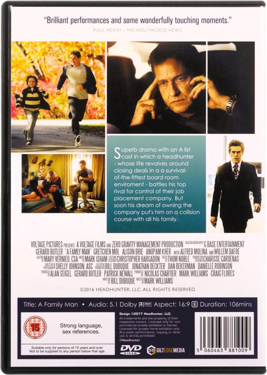 Achterkant van de dvd A Family Man. Met recensies, acteurslijst, speelduur en barcodes.