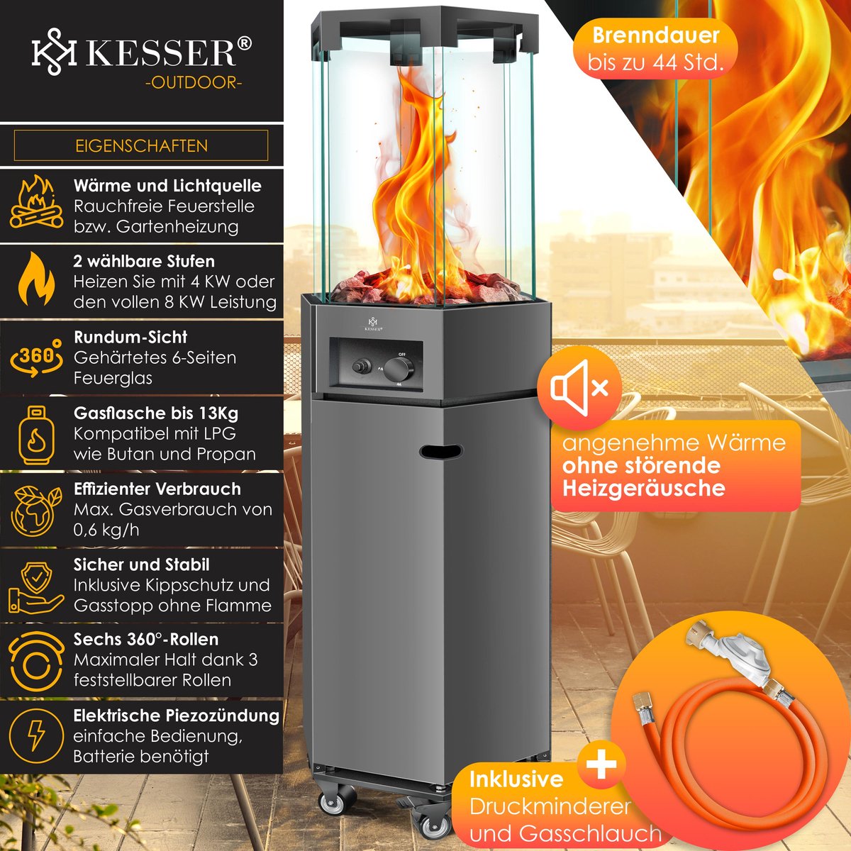 KESSER Terrasverwarmer Gas Staand - Paddenstoel Terrasheater RVS met Wielen en Beschermhoes, Buitenverwarming voor Terras en Tuin - Donkergrijs – foto 5