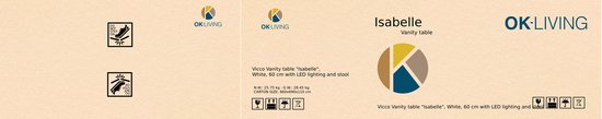 Vicco Kaptafel 'Isabelle', Wit, 60 cm met LED-verlichting en kruk.