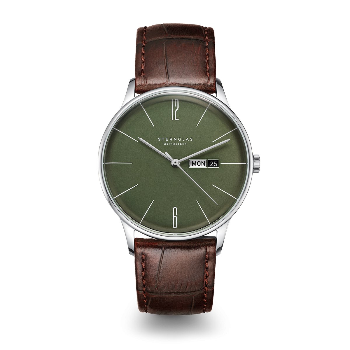 Sternglas S01-BE08-HE05 BERLIN Heren Horloge - Saffierglas - Staal-Leer - Bruin-Zilverkleurig-Donkerbruin - Ø 38 mm - Quartz - Gesp - 5 ATM (douchen)