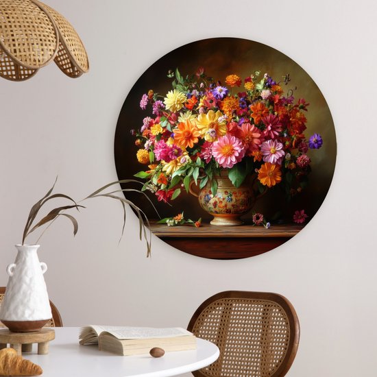 WallCircle® Wandcirkel 60x60 cm - Muurcirkel Kleuren - Boeket - Vaas - Hout - Muurdecoratie woonkamer - Wanddecoratie slaapkamer - Kamer decoratie accessoires - Ronde schilderijen