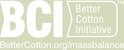 Logo met tekst BCI Better Cotton Initiative en BetterCotton.org/massbalance.