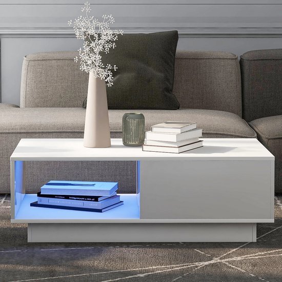 TUKAILAi Salontafel met LED-verlichting, witte salontafel met 2 laden