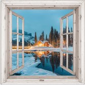 Poster 75x75 cm - Doorkijk - Winterlandschap - Natuur - Huis - Bergen - Posters - Kamer decoratie - Wanddecoratie woonkamer - Muurdecoratie slaapkamer