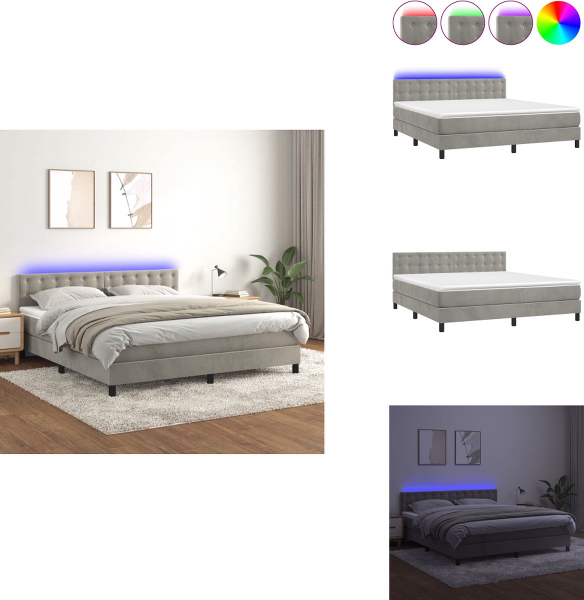 vidaXL Boxspring - Boxsprings - Bed - Slaapmeubel - Boxspring met matras en LED fluweel lichtgrijs 180x200 cm