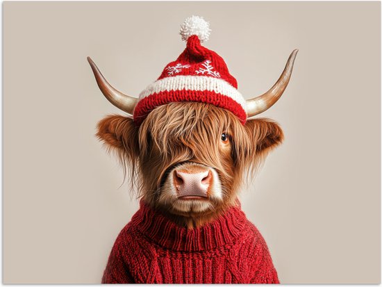 Poster 40x30 cm - Schotse Hooglander - Kerst - Muts - Trui - Winter - Posters - Kamer decoratie - Wanddecoratie woonkamer - Muurdecoratie slaapkamer - Kerstversiering - Kerstdecoratie voor binnen - Kerstmis