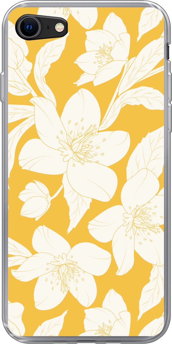 Telefoonhoesje Geschikt voor iPhone SE 2022 hoesje - Bloemen - Patroon - Geel - Wit - Siliconen Telefoonhoesje Telefoonhoesje