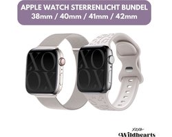 xoxo Wildhearts Sterrenlicht Bundel - 2x Luxe band geschikt voor Apple Watch bandje - Series 1/2/3/4/5/6/7/8/9/10/SE - Maat: 38 mm / 40 mm / 41 mm / 42 mm - Milanese band en Siliconen band met Luipaard Patroon - iWatch bandje - Starlight