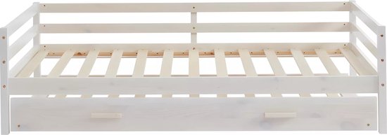 Wit houten bedframe met twee lades en lattenbodem, frontaal aanzicht.
