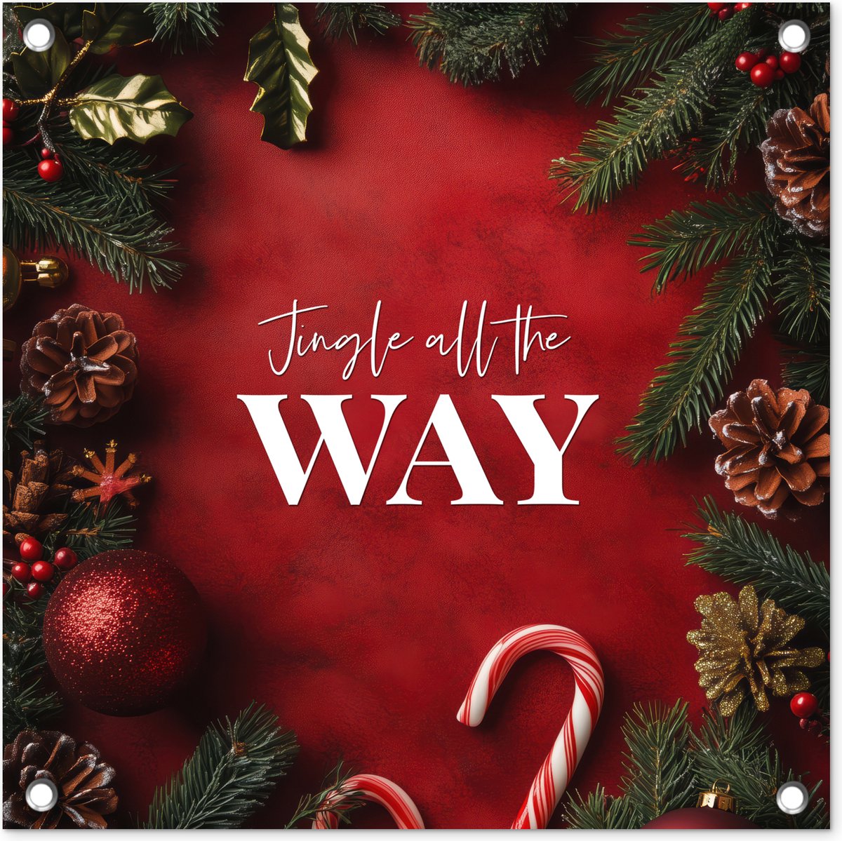 Tuinposter 50x50 cm - Tuindecoratie Kerst - Quote - Rood - Kerstballen - Poster voor in de tuin - Buiten decoratie - Schutting tuinschilderij - Tuindoek muurdecoratie - Wanddecoratie balkondoek - Kerstversiering - Kerstdecoratie