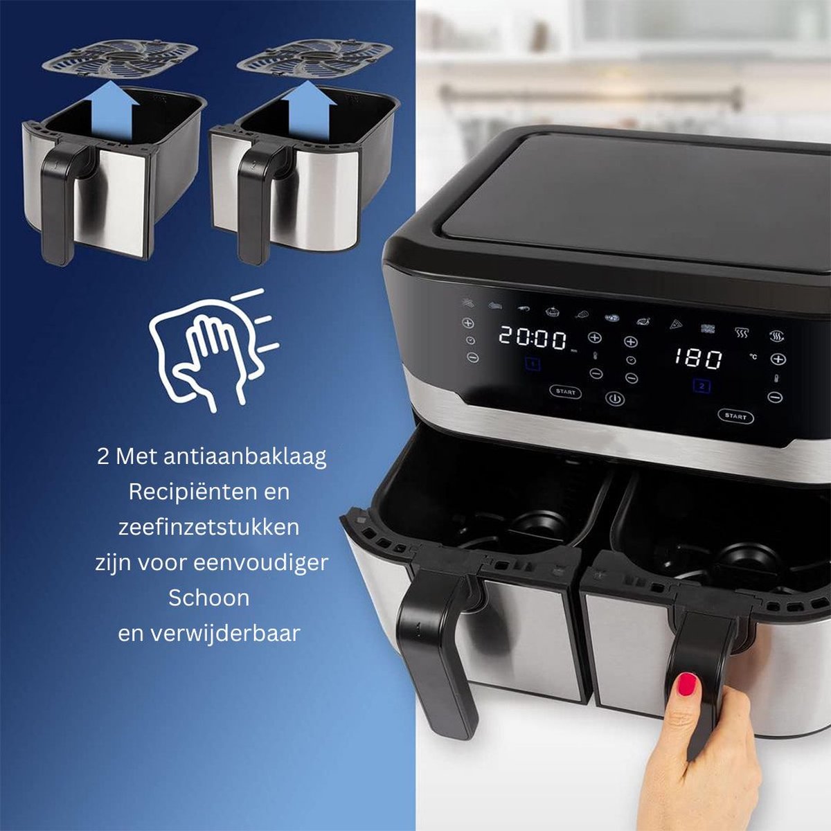 Afbeelding 3 van White-label® Dubbele Airfryer XXXL - Duo Heteluchtfriteuse - Geschikt voor Accessoires - 9L - Zwart en Zilver