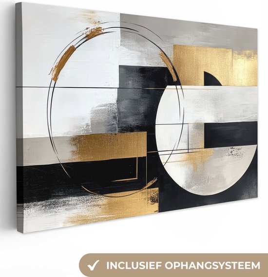 Canvas schilderij 120x80 cm - Wanddecoratie Abstract - Goud - Zilver - Vormen - Aesthetic - Muurdecoratie woonkamer - Slaapkamer decoratie - Kamer accessoires - Schilderijen op canvas