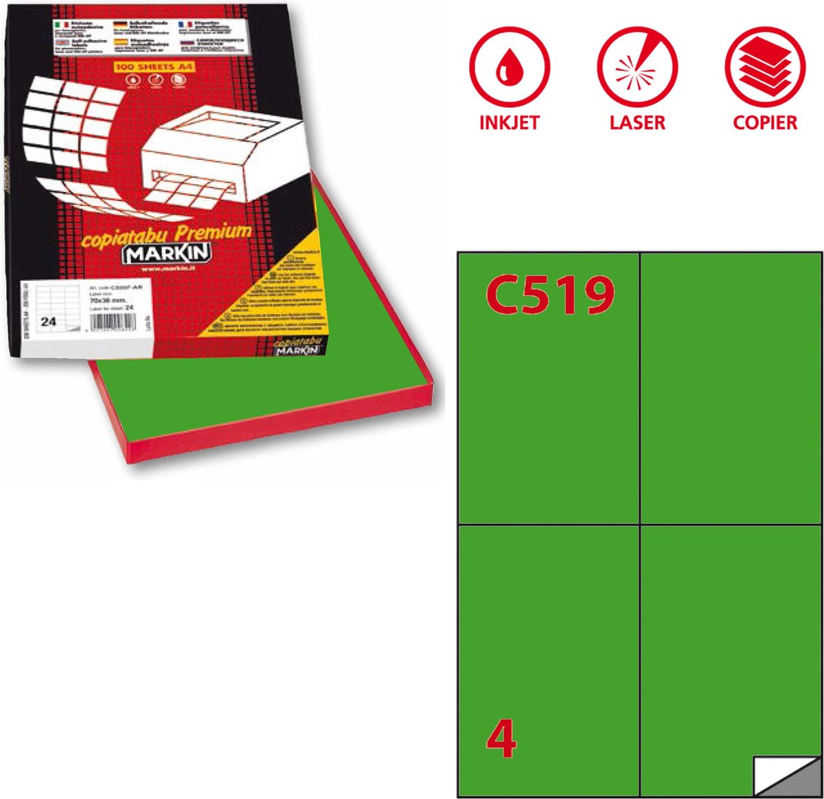 Markin X210C519VE, Groen, Zelfklevend printerlabel, A4, Cellulose, Acryl, Permanent