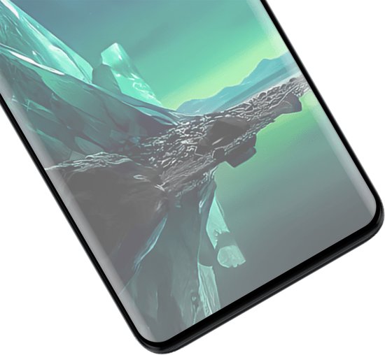 Detail van de gebogen rand van de Motorola Edge 40 Neo met groen kristallen wallpaper.