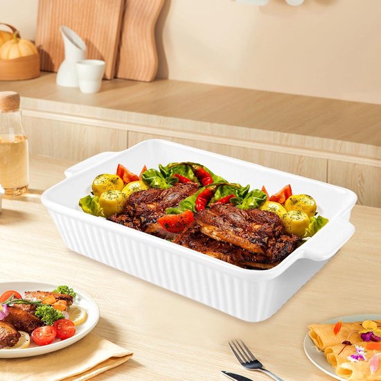 Relaxdays ovenschaal set van 3, rechthoekig, keramiek, mag in de vaatwasser, voor lasagne, gratin, etc., blauw/wit