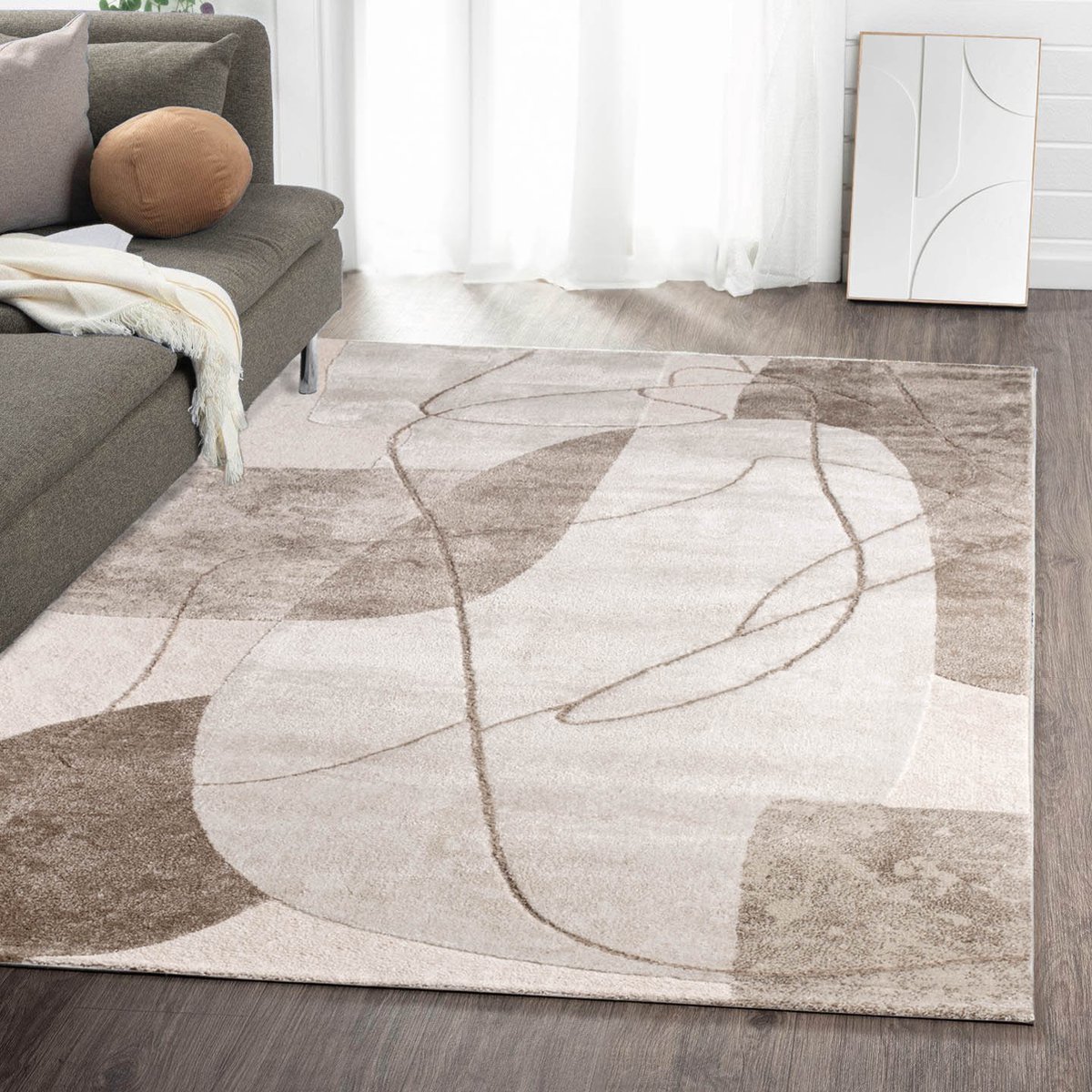 flycarpets Evora Modern Vloerkleed Beige / Crème – Laagpolig Japandi Tapijt Woonkamer – 120x160 cm