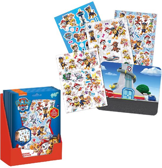 Boîte d'exposition avec des emballages d'autocollants statiques PAW Patrol, quatre feuilles d'autocollants et un fond de jeu.